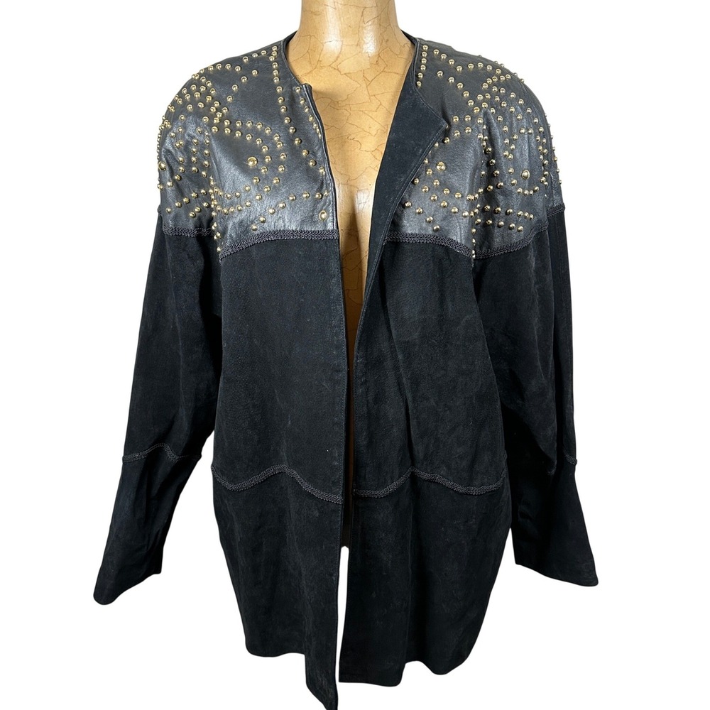 Vintage 80s Black Suede Studded Leather Western Jacket Gold Biker Statement